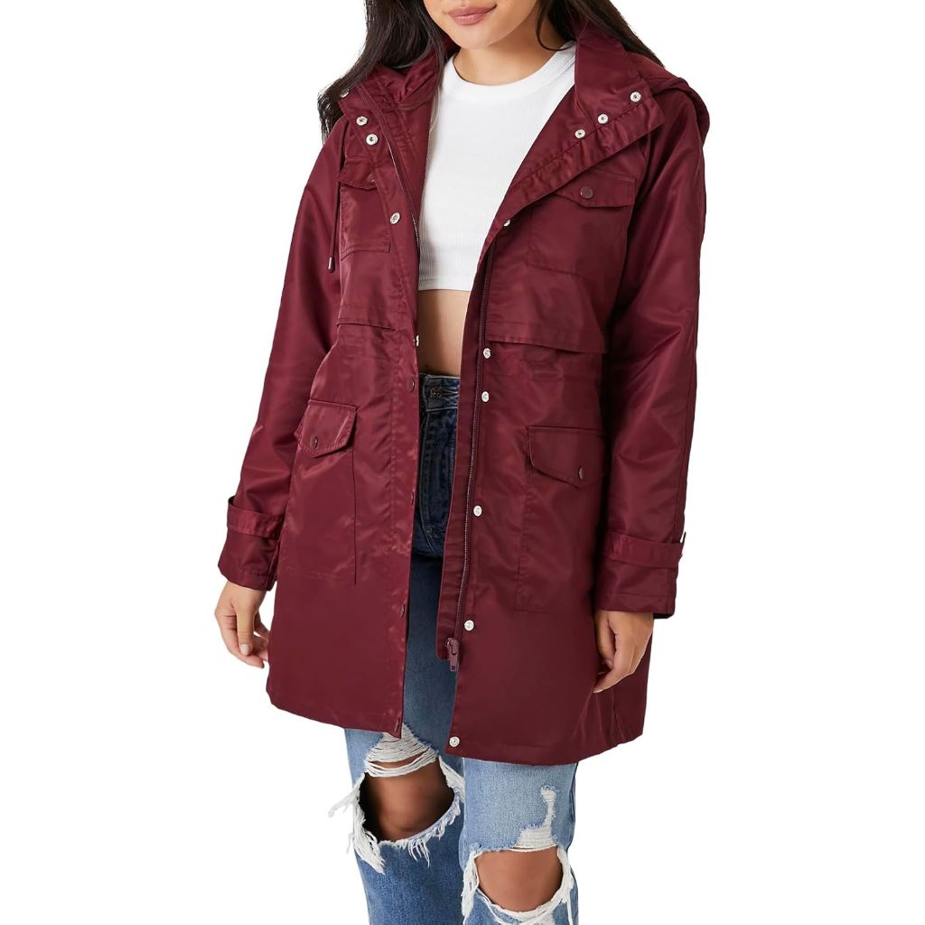 Forever 21 Women's Drawstring Longline Trench Coat - Burgundy, Small