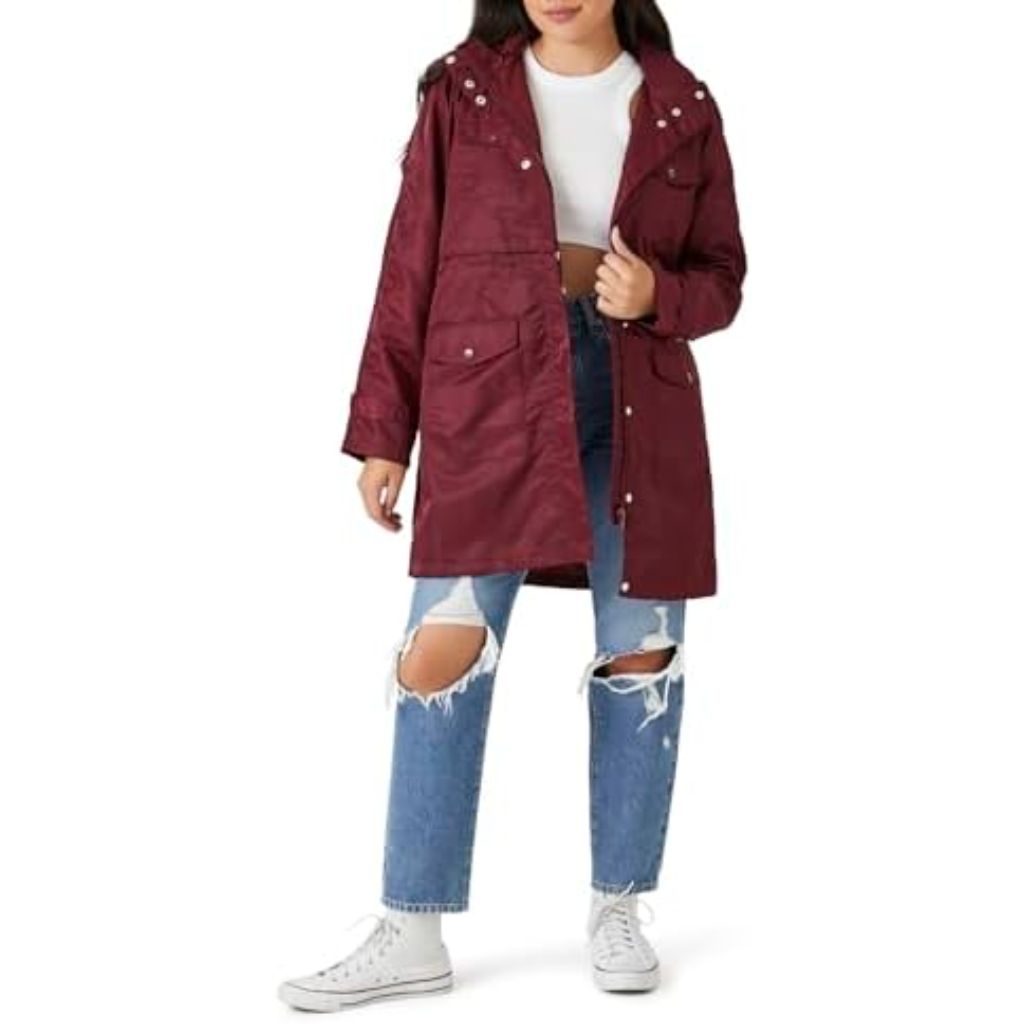 Forever 21 Women's Drawstring Longline Trench Coat - Burgundy, Small