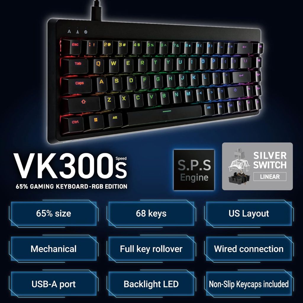 ELECOM VK300s Mini 65% RGB Gaming Keyboard, Backlit Wired Mechanical Keyboard, Speed Silver Linear Switches (TK-VK300SBK)