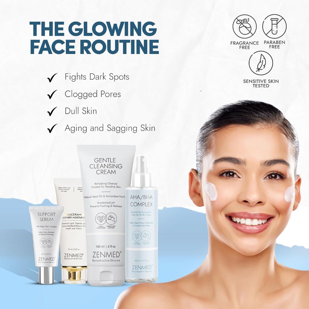 ZenMed Reconstructive Skincare Set, Free and Clear Combo with Omegaceramide, Gentle Cleansing Cream, Support Serum, Facial Cleansing Gel