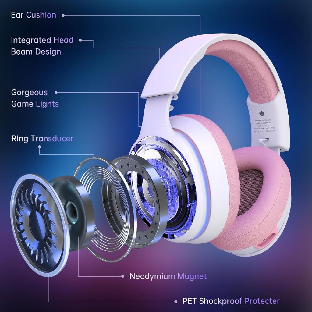 Gtheos Captain 300 Wireless Gaming Headset, 2.4GHz with Noise Canceling Mic, 40+Hr Battery -Pink