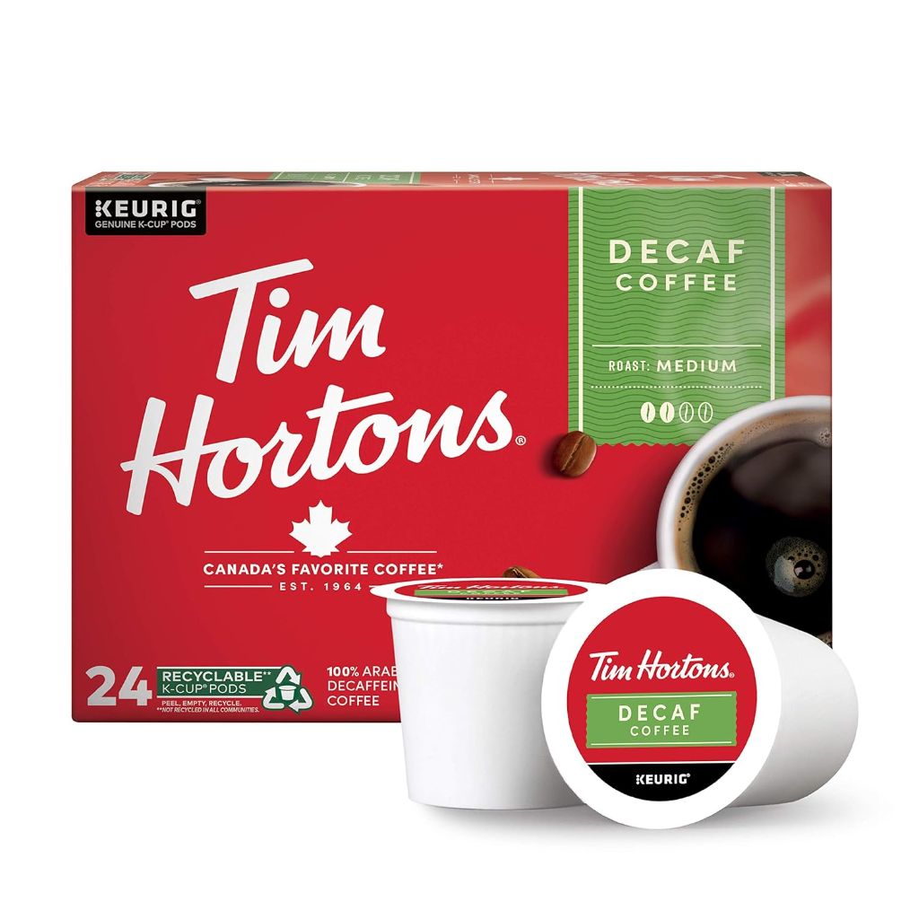 Tim Hortons Decaf Medium Roast Coffee, Single-Serve K-Cup Pods Compatible with Keurig Brewers, 96ct K-Cups, Red (24 Count x Pack of 4)