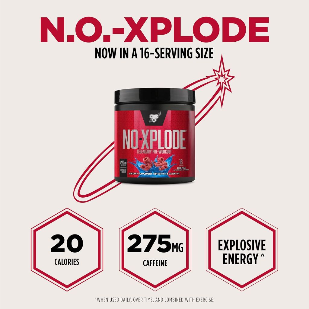 BSN N.O.-XPLODE Pre Workout Powder with Creatine and Beta-Alanine - Blue Raz, 16 Servings