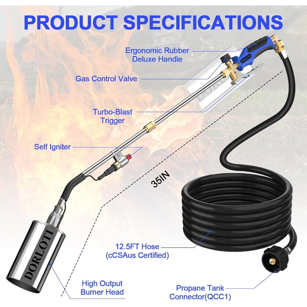 Propane Torch Weed Burner Kit with Long/Short Mode, 12.5 ft. with Self Igniter and Turbo Trigger