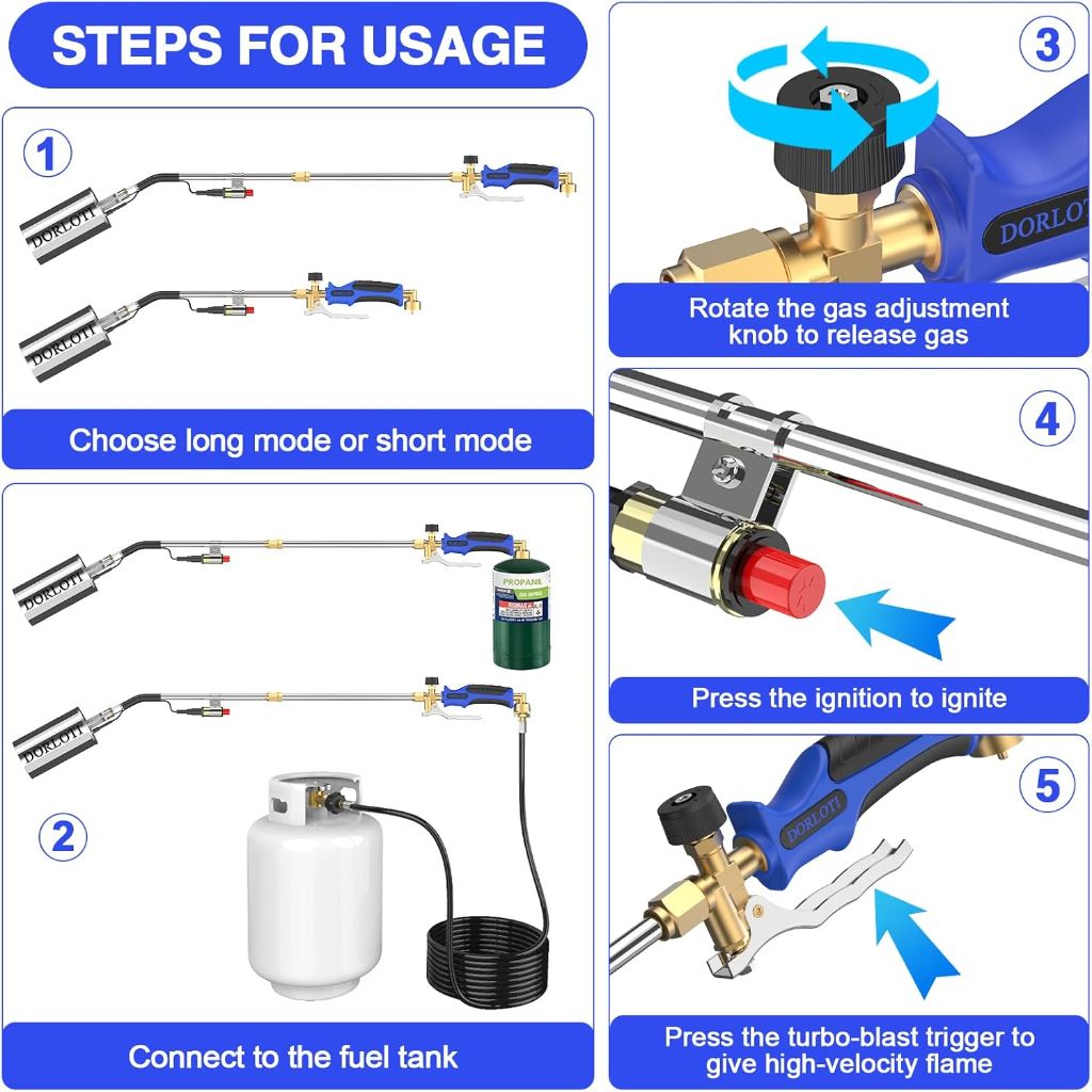 Propane Torch Weed Burner Kit with Long/Short Mode, 12.5 ft. with Self Igniter and Turbo Trigger