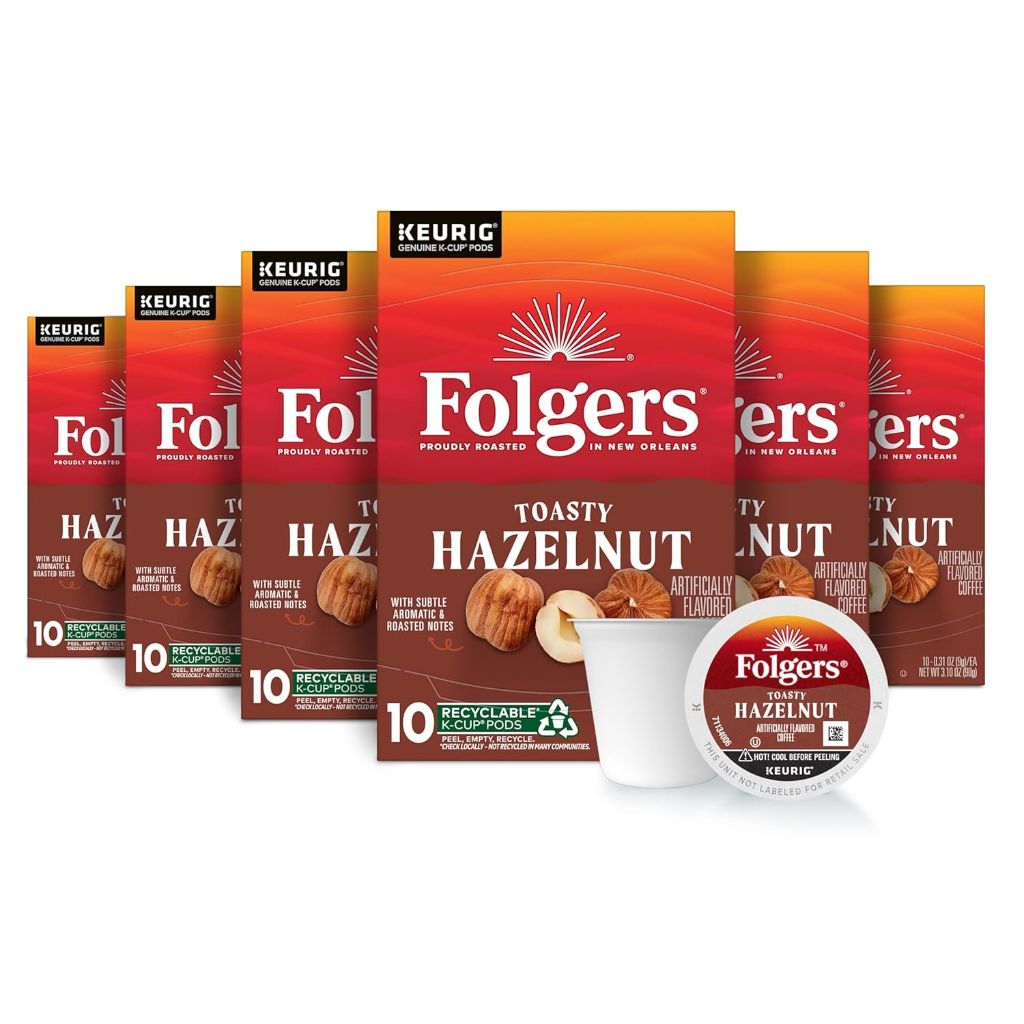 Folgers Toasty Hazelnut Artificially Flavored Coffee, Keurig K-Cup pods, 10 Count Box (Pack of 6)