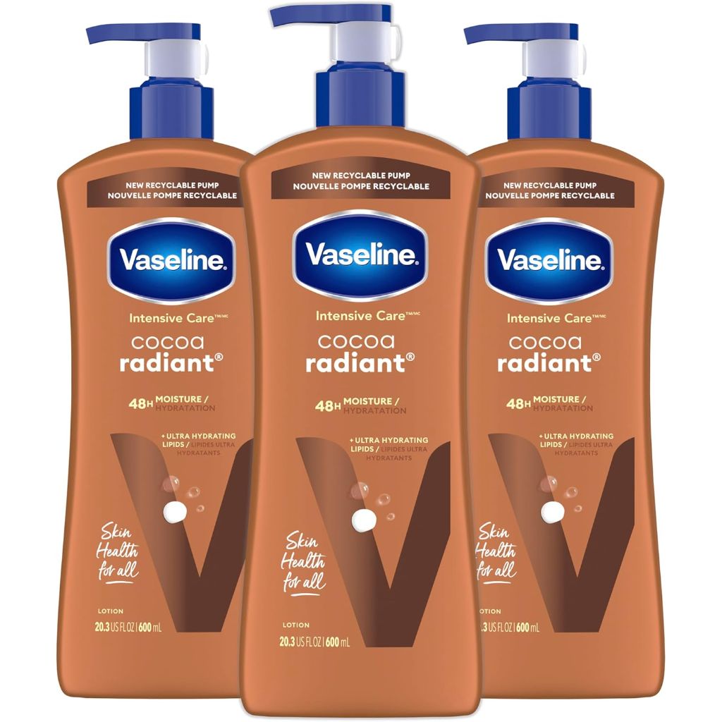 Vaseline Intensive Care Body Lotion Cocoa Radiant 3 count for Dry Skin Lotion Made with Ultra-Hydrating Lipids and Pure Cocoa Butter for a Long-Lasting, Radiant Glow 20.3 Oz