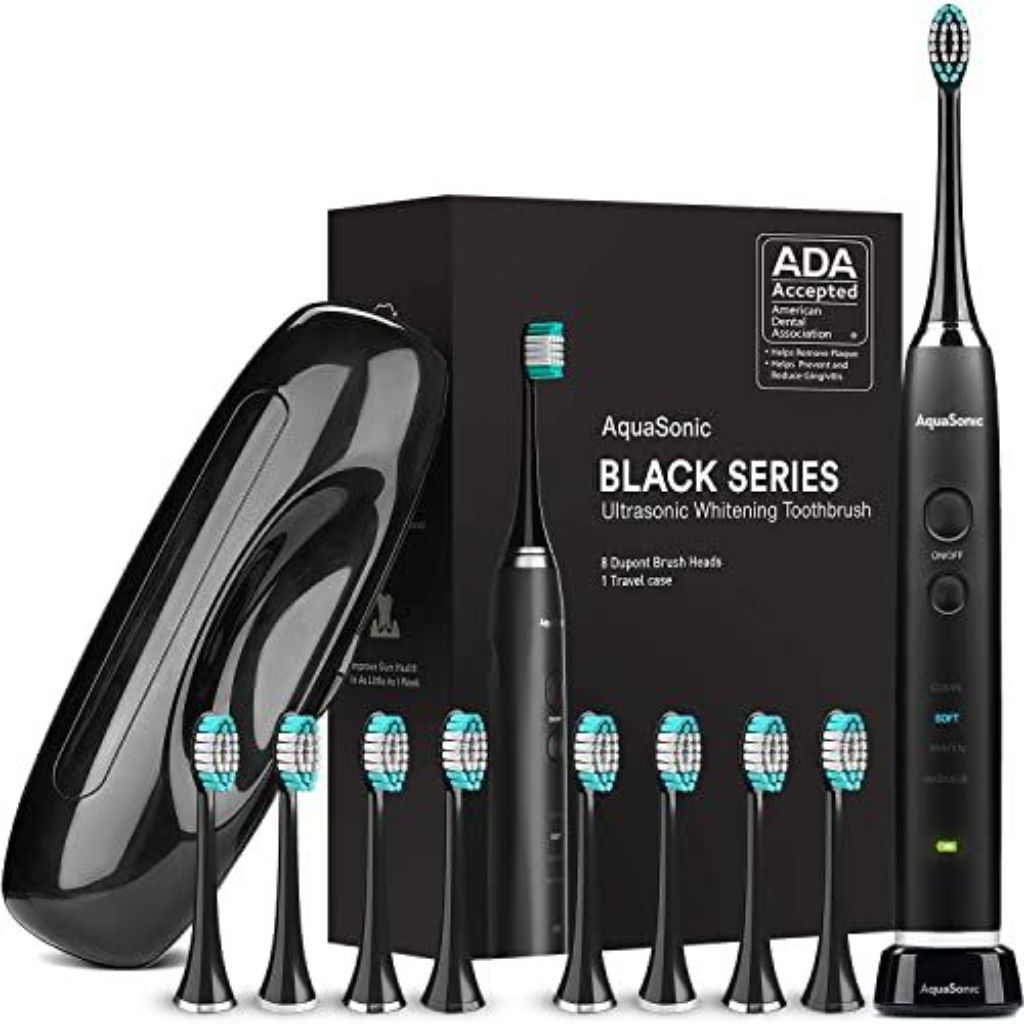 AquaSonic Black Series Ultra Whitening Toothbrush w/8 Brush Heads & Travel Case - Black