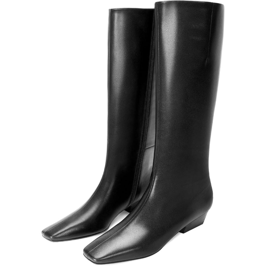 Knee High Boots for Women Kitten Low Block Heel Wide Calf Square Toe Crocodile Boots with Side Zipper - SIZE 6.5