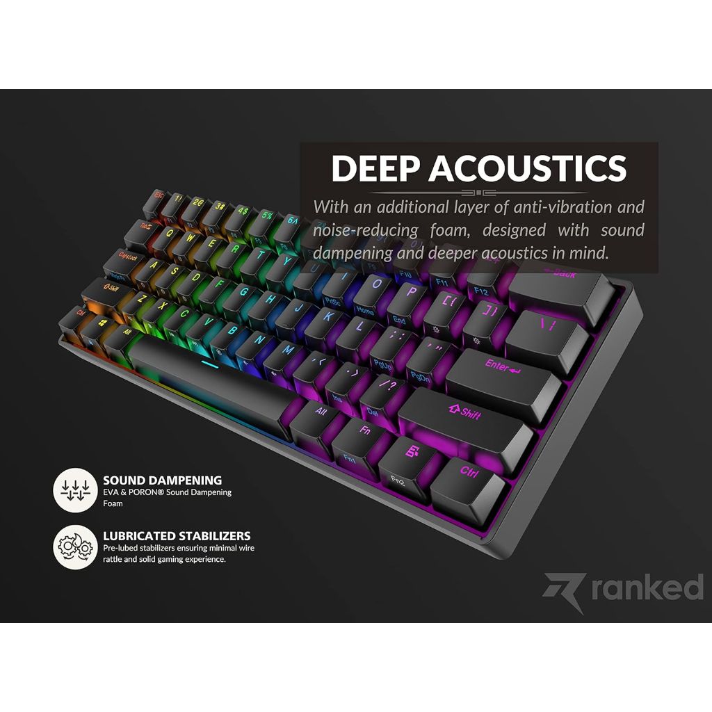Ranked S60 Supernova 60% Form Factor Hot Swappable Mechanical Gaming Keyboard, 61 Keys Multi Color RGB LED Backlit for PC/Mac Gamer (Black, Gateron Optical Blue)
