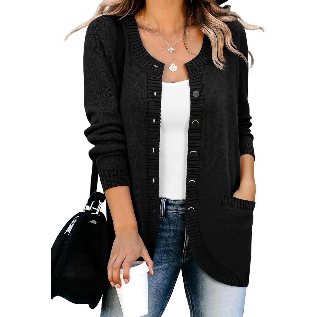 Saodimallsu Women's Button Down Cardigan Sweater with Pockets - Black, Size Small