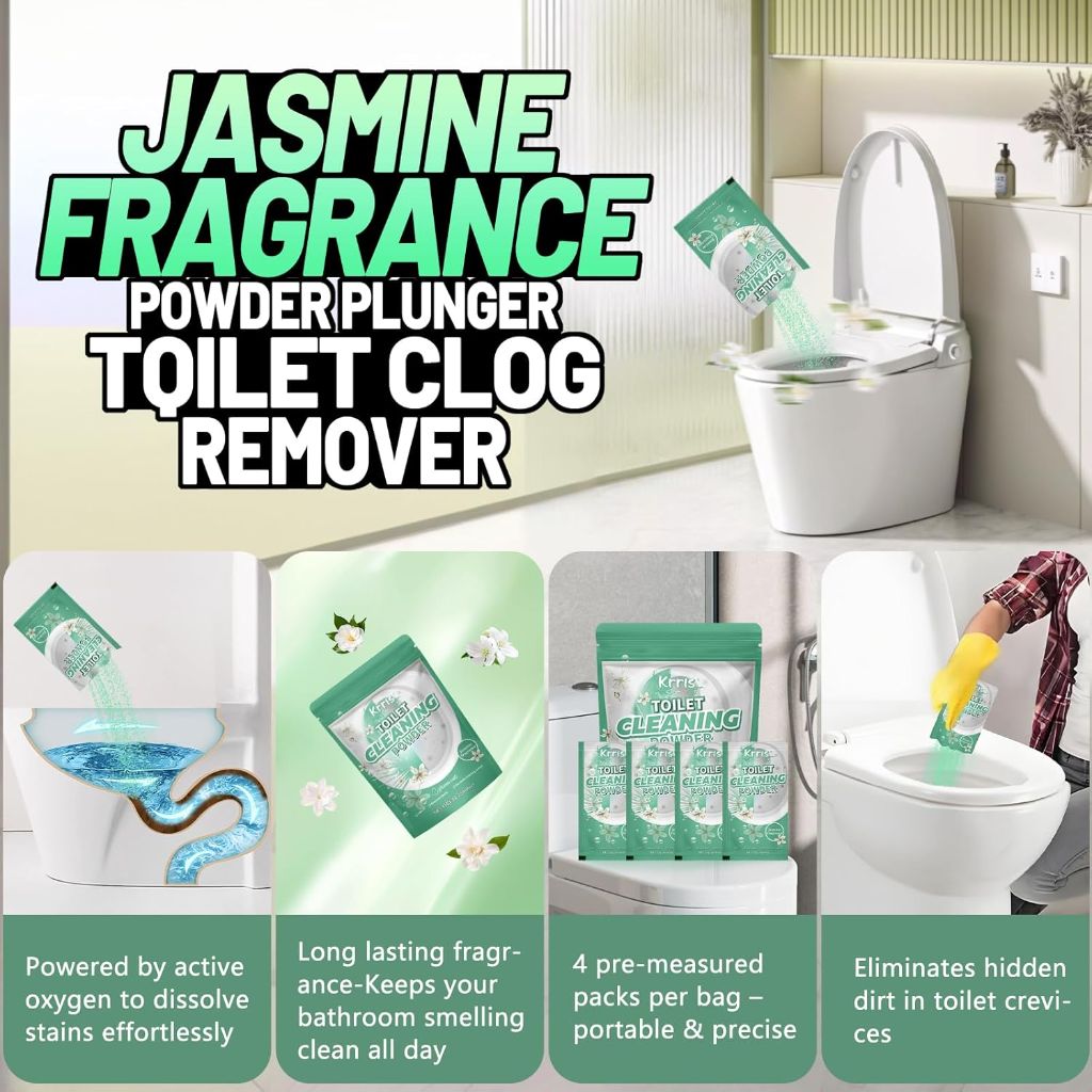 Toilet Bowl Cleaner Powder - Self-Activating Toilet Cleaner for Stubborn Stains & Limescale, Deep Cleaning Foam with Jasmine Fragrance, Safe Toilet Cleaning Supplies (4 Packs × 3 oz)