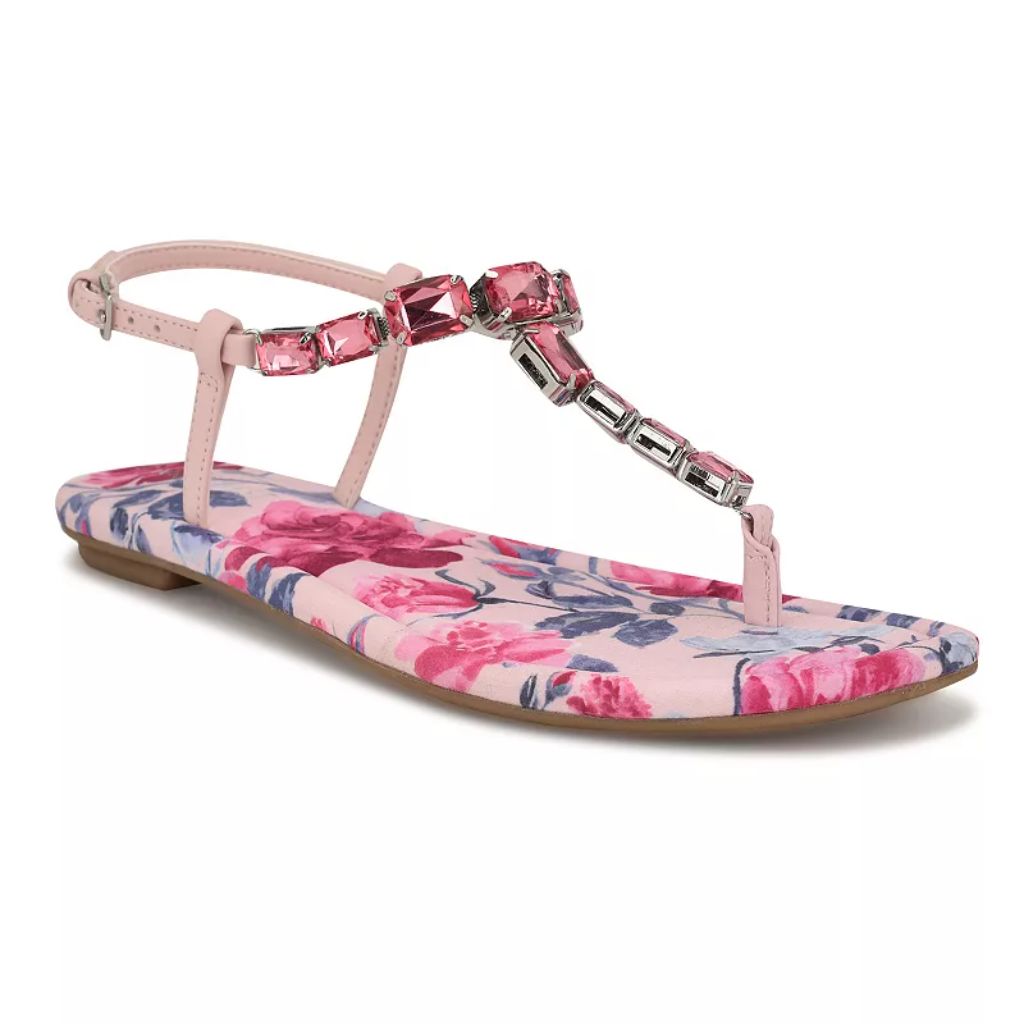 Nine West Dynasti Women's Square Toe Flat Embellished Sandals, Size: 7, Light Pink