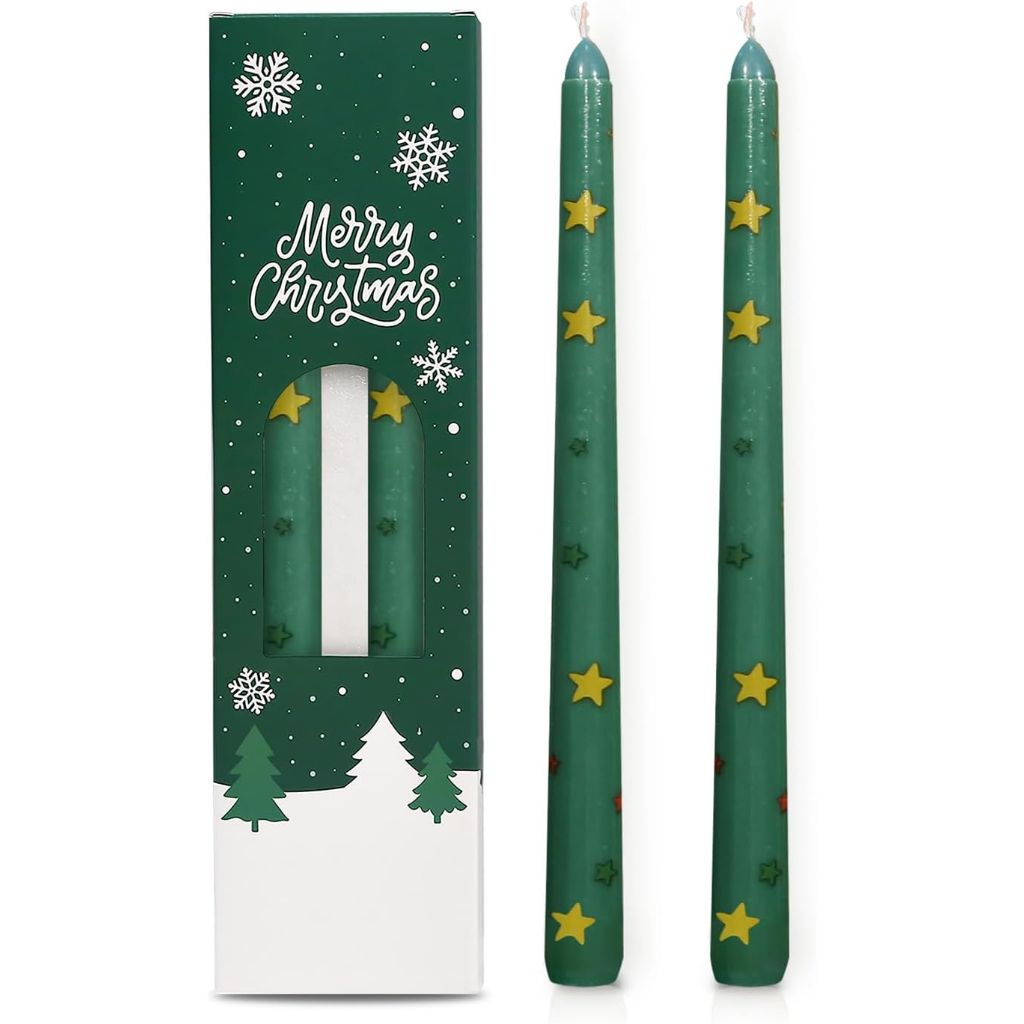 2 Pack Christmas Taper Candles, 10 Inch Unscented White Candlesticks with Colorful Star Design for Holiday Table Centerpiece, Fireplace Mantel, Advent Wreaths, Winter Weddings, Festive Decor