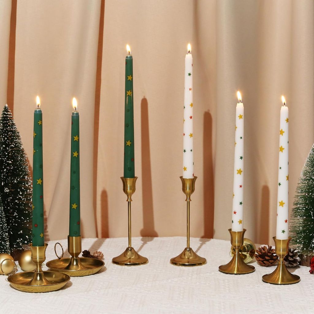 2 Pack Christmas Taper Candles, 10 Inch Unscented White Candlesticks with Colorful Star Design for Holiday Table Centerpiece, Fireplace Mantel, Advent Wreaths, Winter Weddings, Festive Decor