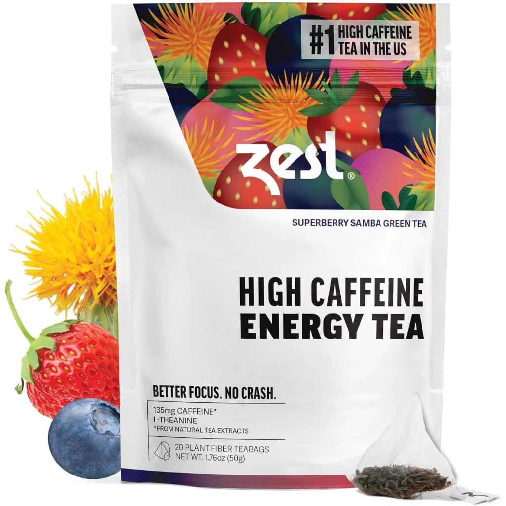 Zest Energy Green Tea - Superberry Samba - High Caffeine Strawberry, Acai, & Passion Fruit Tea - Caffeinated Coffee Altnernative with Antioxidants - Natural, Non-GMO & Keto - 20Ct Pack - 135mg Caf