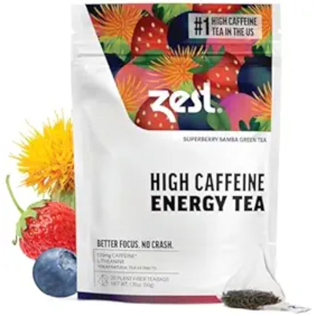 Zest Energy Green Tea - Superberry Samba - High Caffeine Strawberry, Acai, & Passion Fruit Tea - Caffeinated Coffee Altnernative with Antioxidants - Natural, Non-GMO & Keto - 20Ct Pack - 135mg Caf