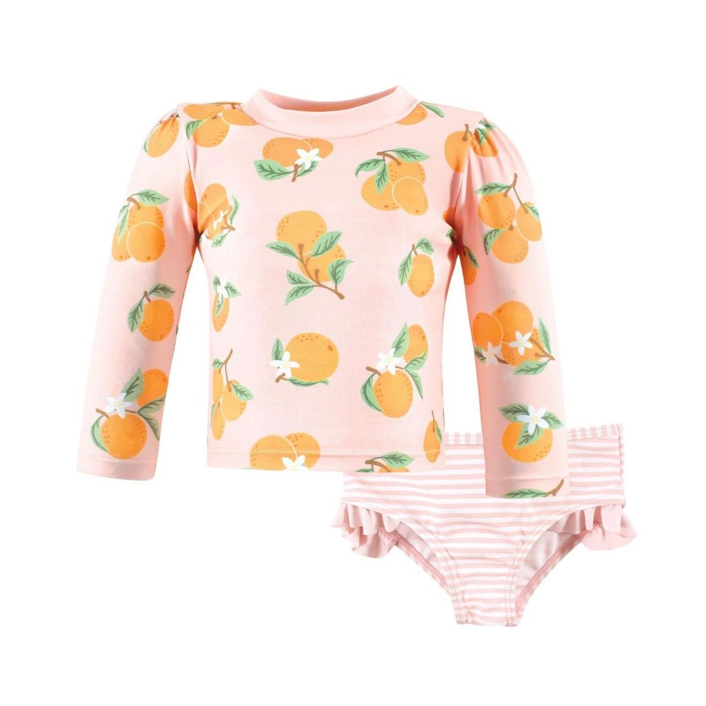 Hudson Baby Baby Girls Hudson Swim Rashguard Set, Dainty Flower Pink - 3-6 Months - Citrus Orange