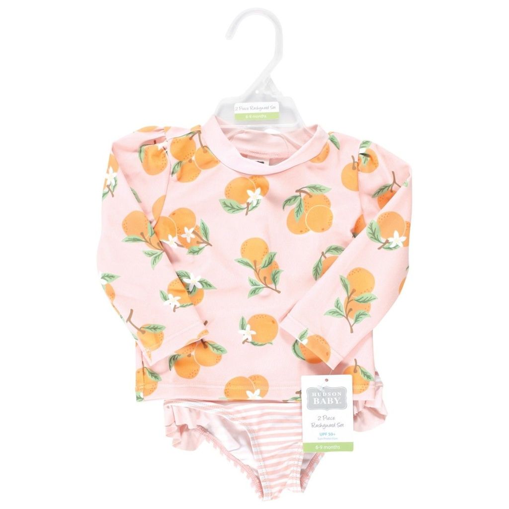 Hudson Baby Baby Girls Hudson Swim Rashguard Set, Dainty Flower Pink - 3-6 Months - Citrus Orange