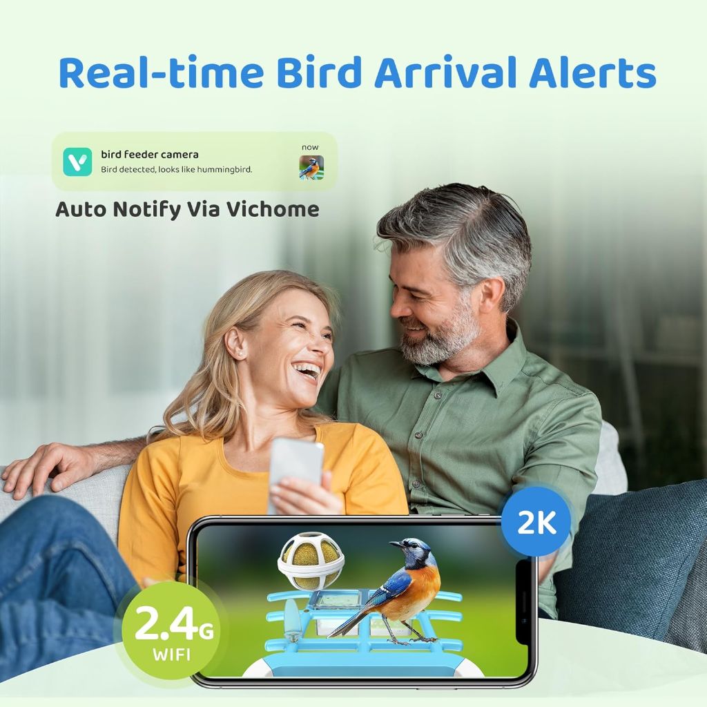 Smart Bird Feeder with Camera, Solar Powered for Outside, AI Species Identify, 2K Live View, Instant Arrival Alerts - Blue