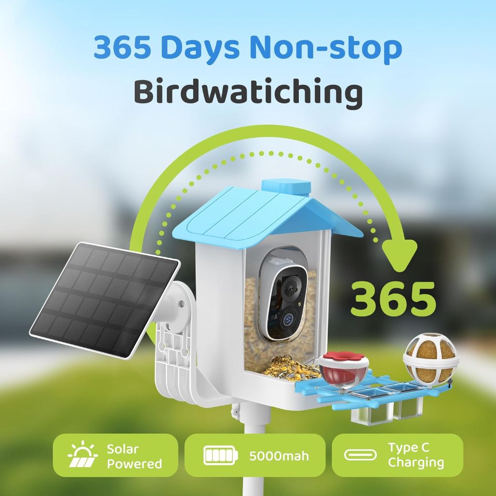 Smart Bird Feeder with Camera, Solar Powered for Outside, AI Species Identify, 2K Live View, Instant Arrival Alerts - Blue