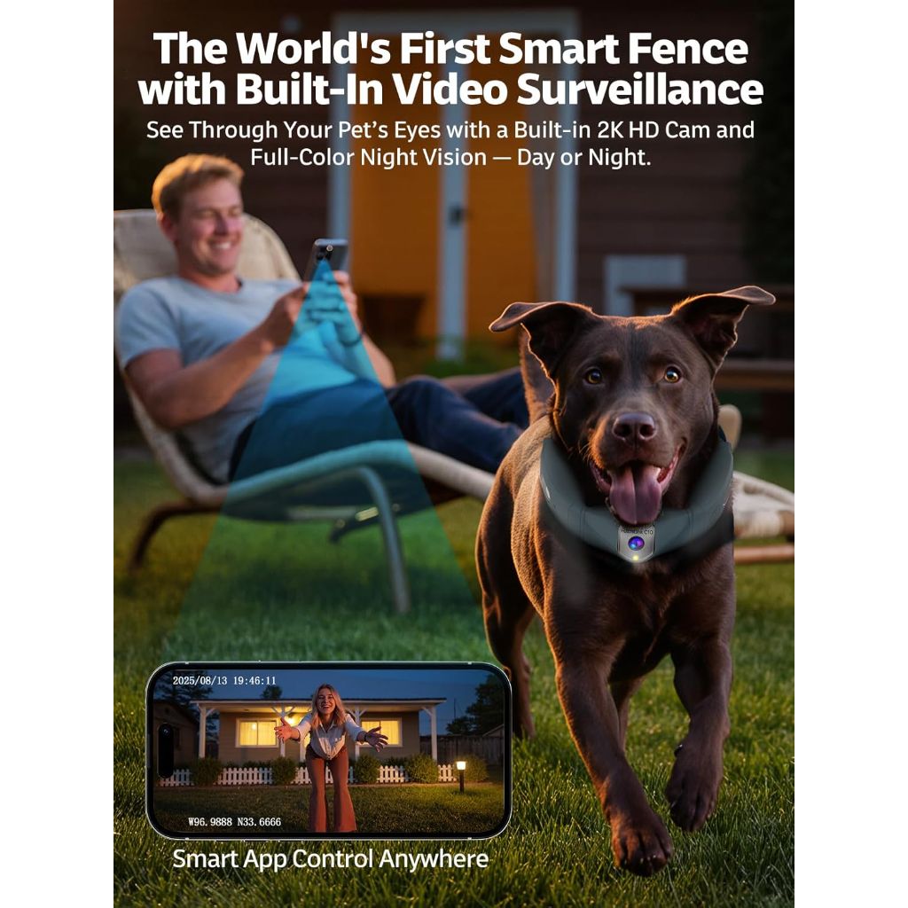 FetchLink Wireless GPS Collar Dog Fence System with 2K Camera, Medium to Large