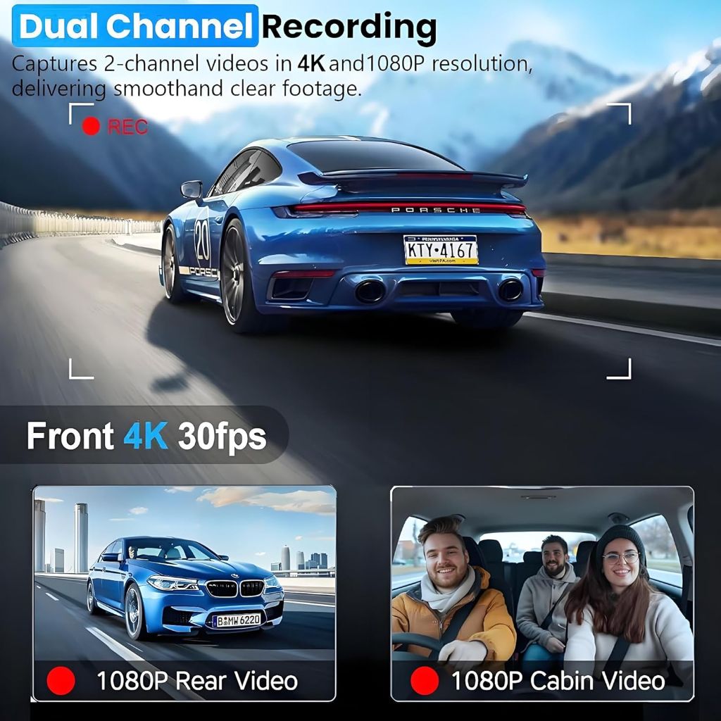 Doock 3 Channel 4K Dash Cam Front, 1080P Dash Camera Rear and Inside for Cars with 3.16 IPS Screen, 64GB Card