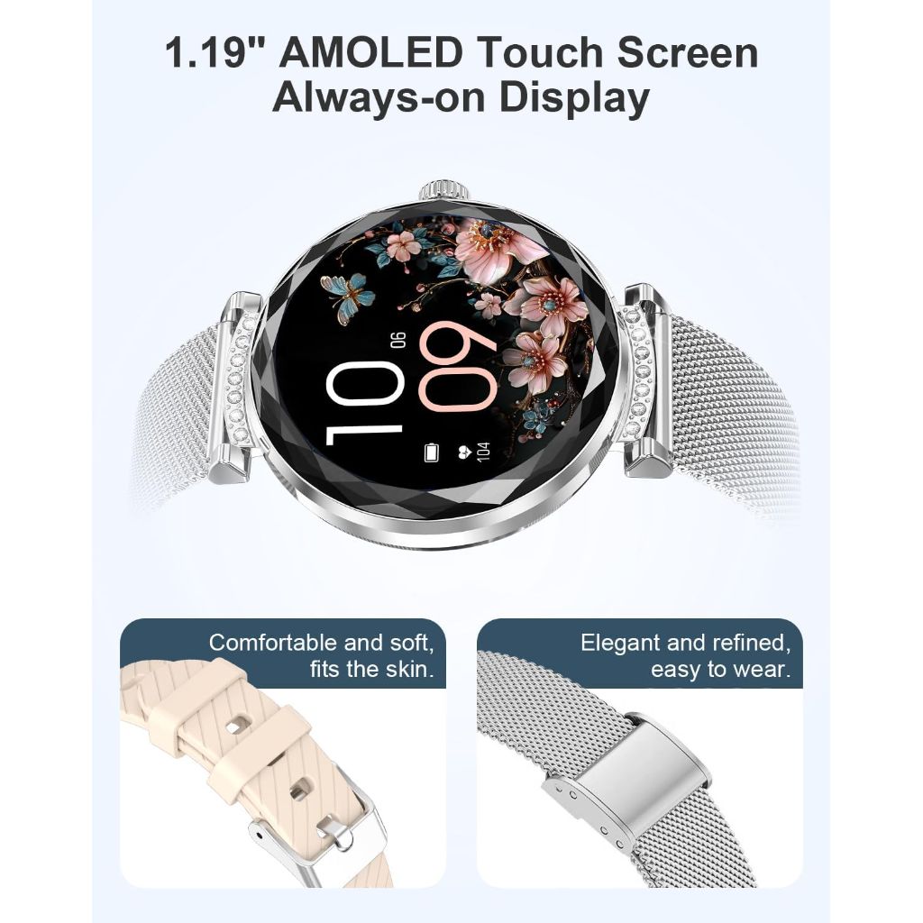 Smart Watch Activity Tracker with 1.19" AMOLED Ultra-Clear Screen, Heart Rate/Sleep/SpO2 Monitor, For iPhone/Samsung/Android - Silver