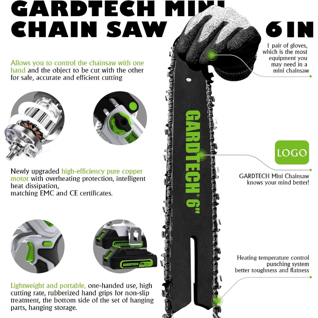 GARDTECH Mini Chainsaw Cordless 6 Inch - Portable Electric Chainsaw Cordless Battery Powered
