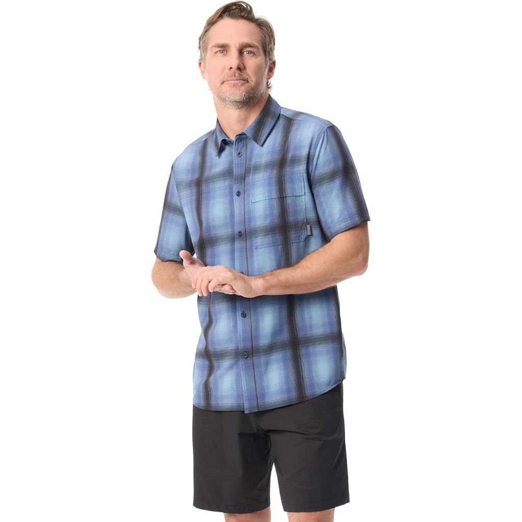 BASS OUTDOOR Size S Men's Short Sleeve Quick Dry Tech Plaid Button Up Shirt Standard