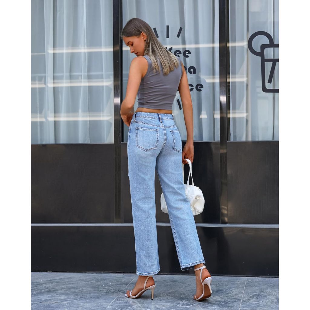 OFLUCK Size S8 Women's Wide Leg Jeans Mid High Waisted Boyfriend Jeans Straight Leg Loose Fit Denim Pants