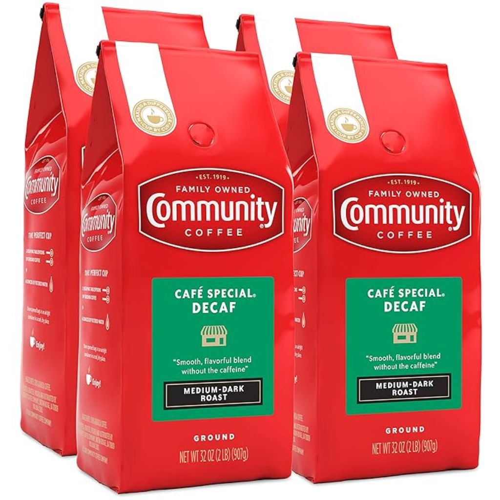 Community Coffee Café Special Decaf Medium Dark Roast Ground Coffee, 32oz Bag (4 Pack)