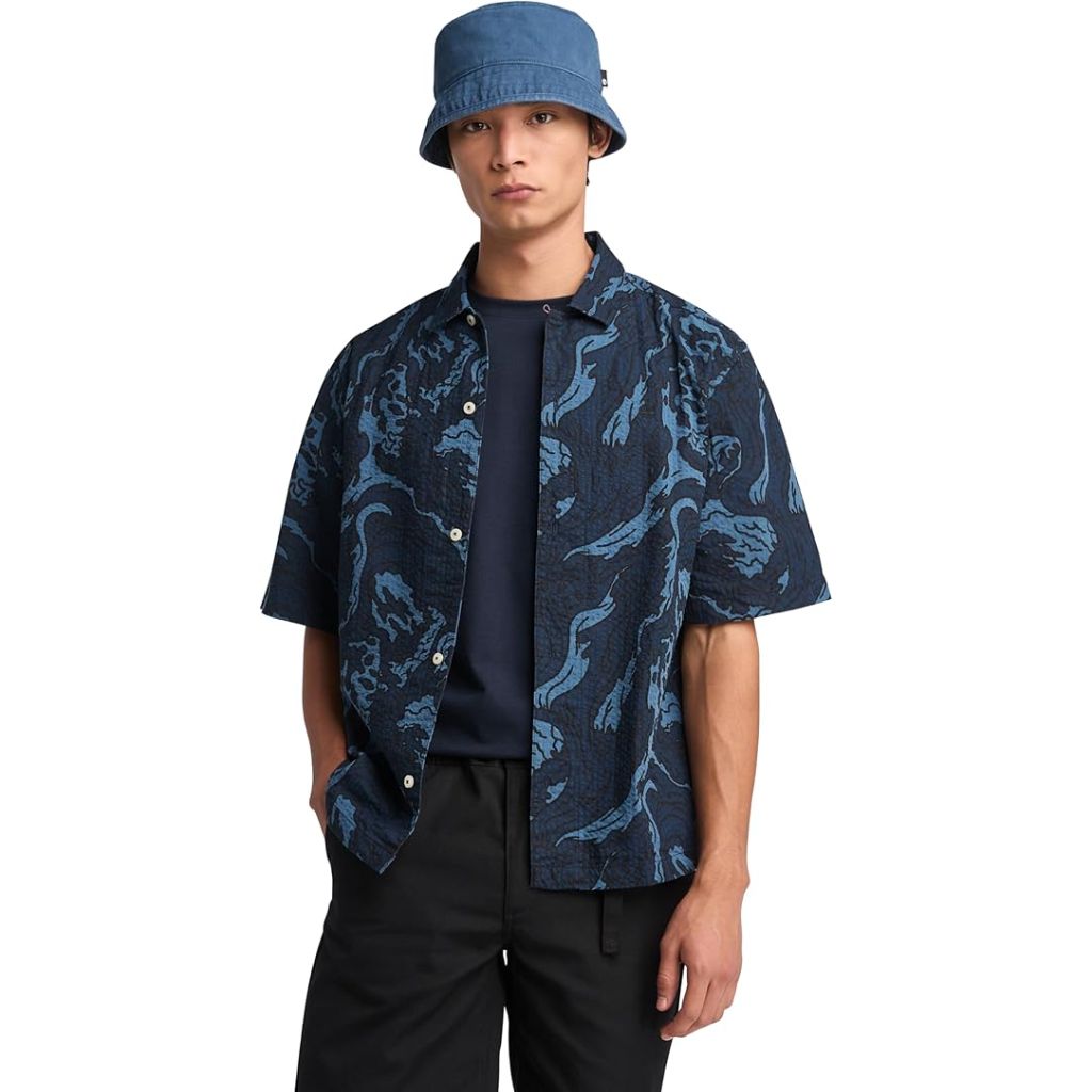 Timberland Men's Seersucker Graphic Resort Shirt, Dark Sapphire, SZ M