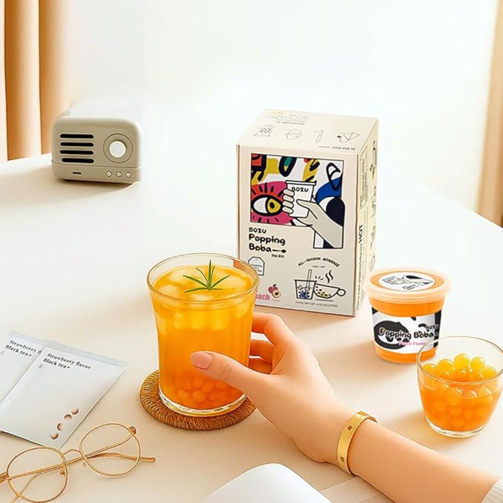 BOZU Popping Boba Tea Kit – Gift-Ready Hot or Iced Boba Tea Set, Peach Popping Boba & Strawberry Black Tea Bags,  3 Servings