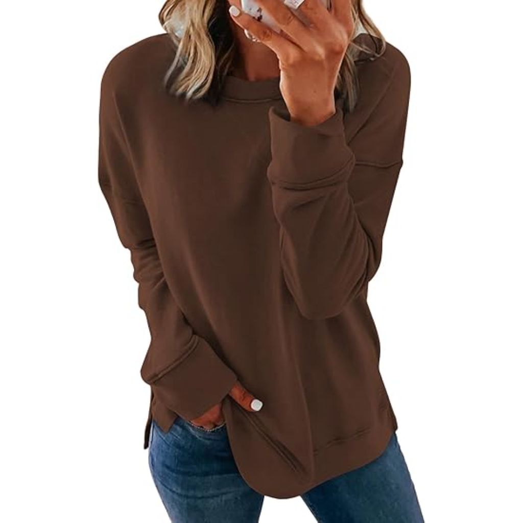 Women's Casual Loose-Fit Crew Neck Sweatshirt - Brown, Size Small