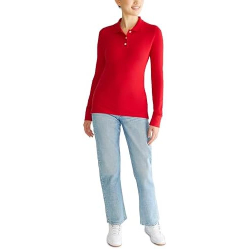 Aeropostale Women's Aero Uniform Long-Sleeve Polo - Red, Large