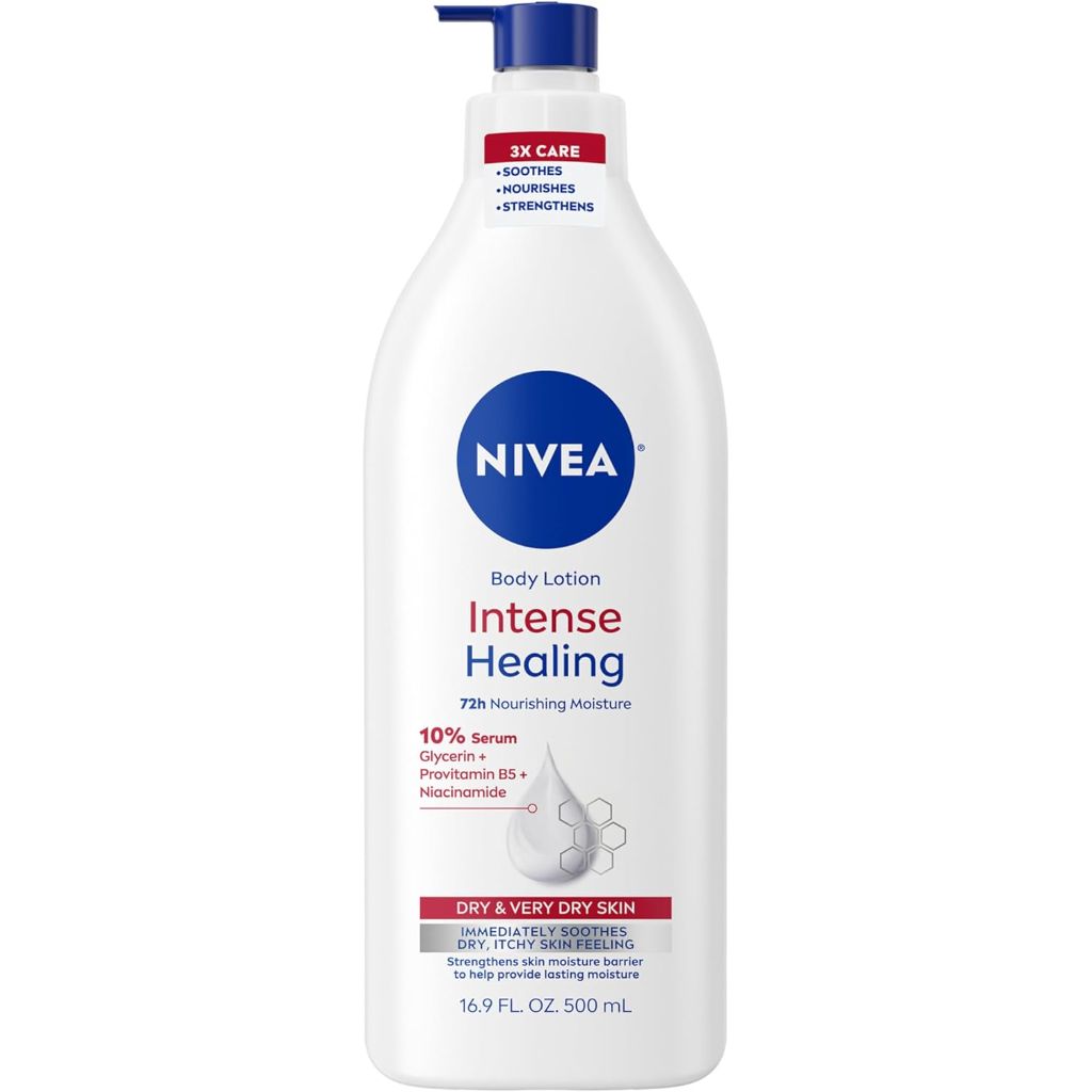 NIVEA Intense Healing Body Lotion for Very Dry, Itchy Skin with Glycerin, Provitamin B5 and Niacinamide, 72-Hour Body Moisturizer, 16.9 Fl Oz Pump Bottle