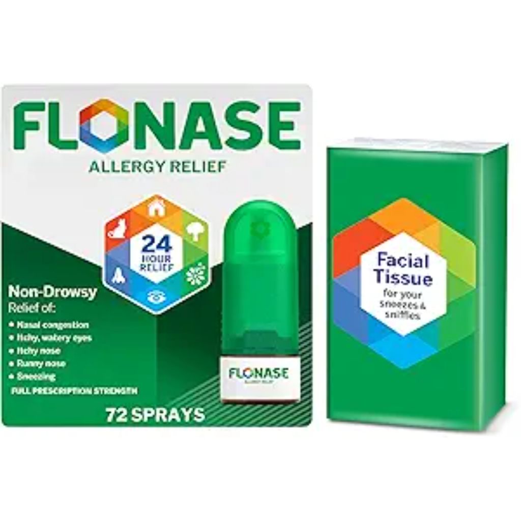 Flonase Allergy Relief Nasal Spray, 24-Hour Non-Drowsy Multi-Symptom Relief - 72 Sprays + Bonus Pack of Tissues