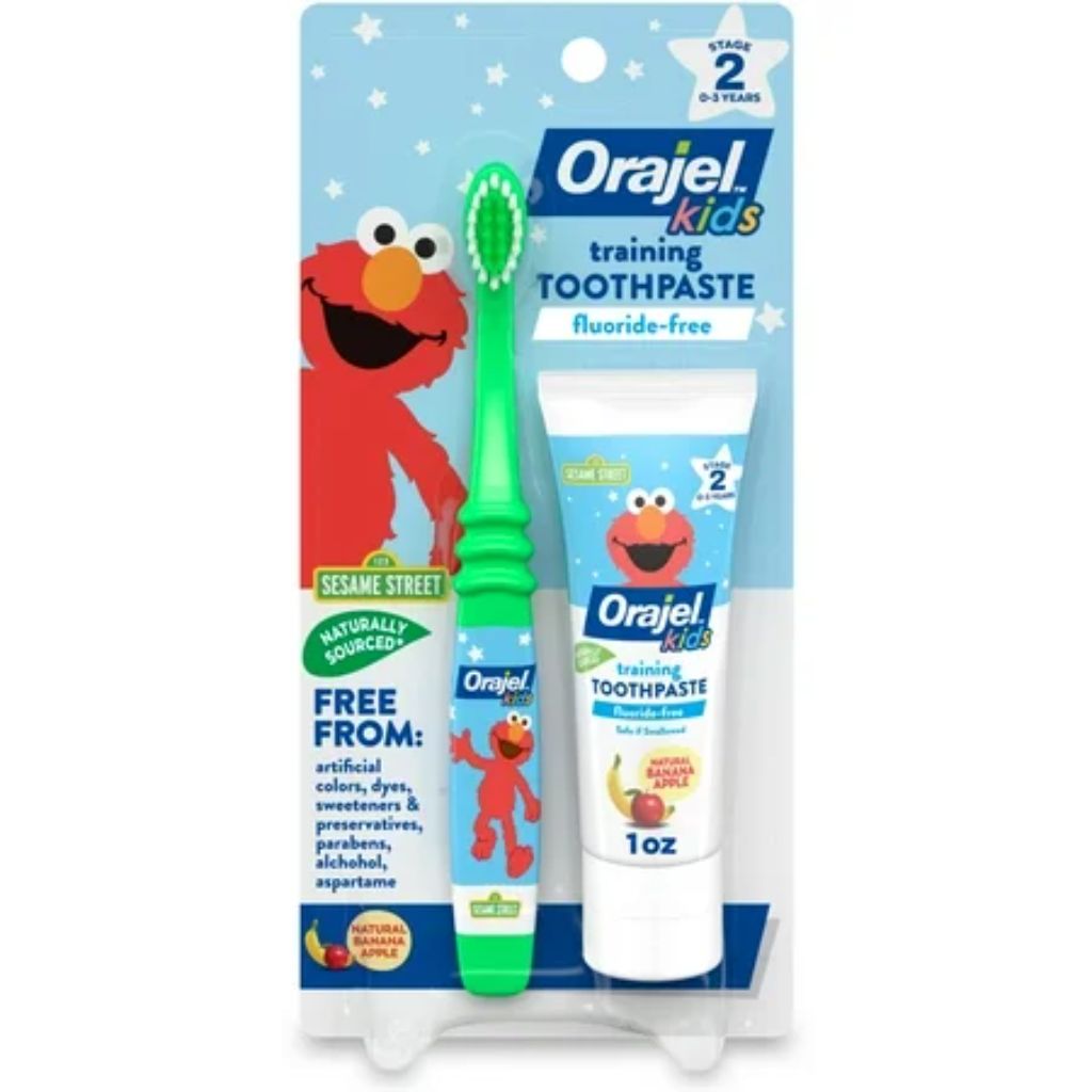 Orajel Kids Fluoride-Free Training Toothpaste - Elmo Toothbrush, Banana Apple Toothpaste