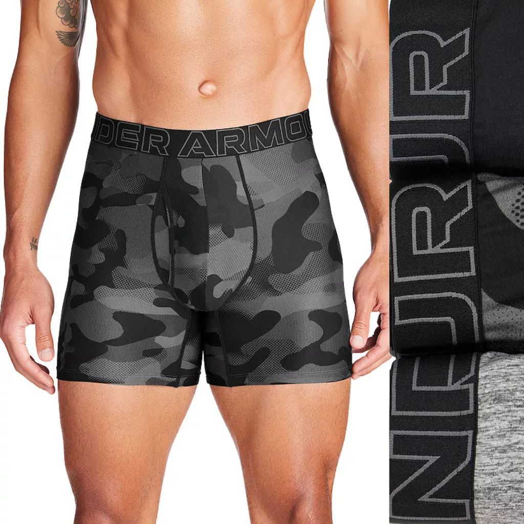Under Armour Men's Performance Tech Printed 6-in. Boxer Briefs - Black/Gray Camo, Size Medium (3 Pair)