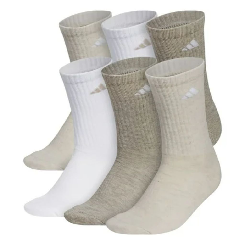 Adidas Women's Everyday Plus Cushion Crew Training Socks - Beige, Shoe Size 9-11 (6 Pairs)