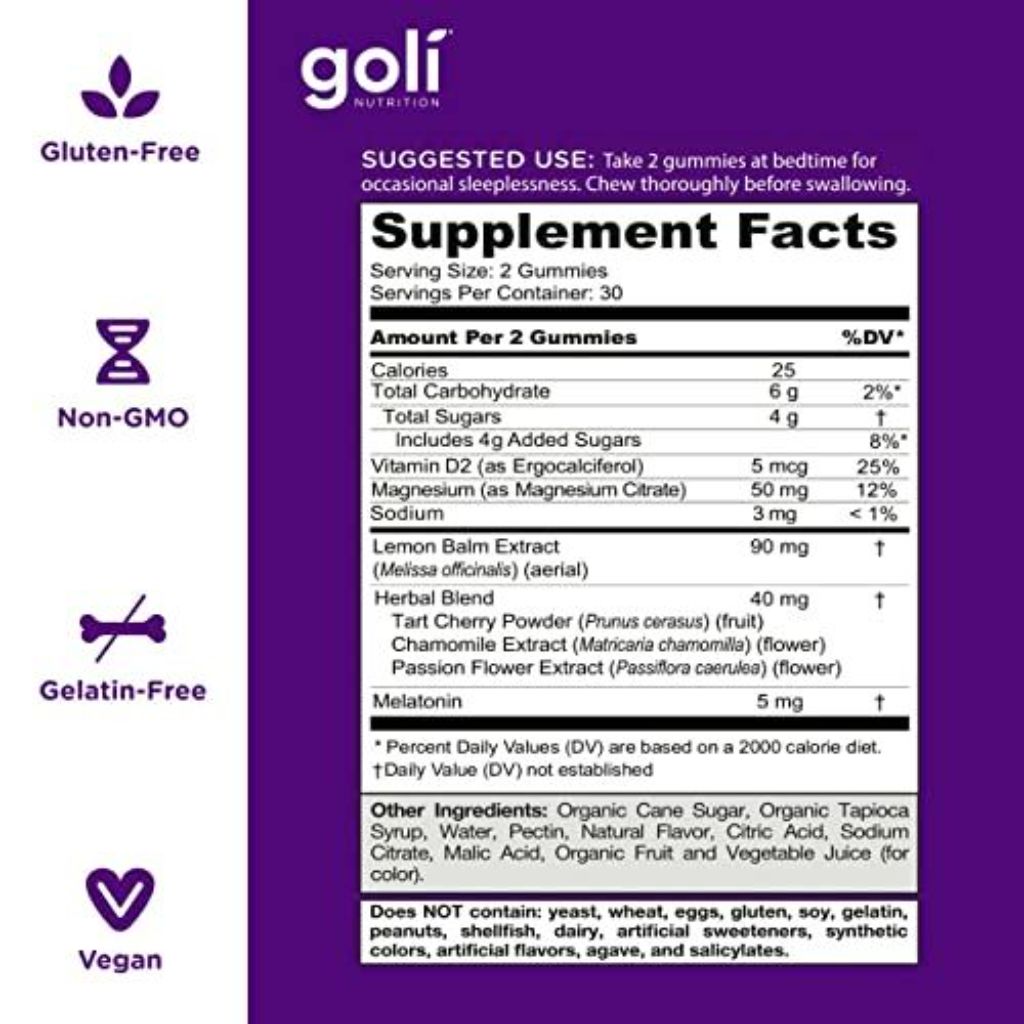 Goli Dreamy Sleep Melatonin, Vitamin D, Magnesium, and Lemon Balm Extract Gummies - 60ct