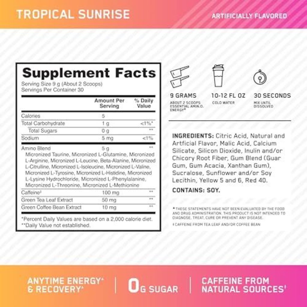 Optimum Nutrition Essential Amin.O. Energy Electrolyte Powder - Tropical Sunrise, 9.5oz