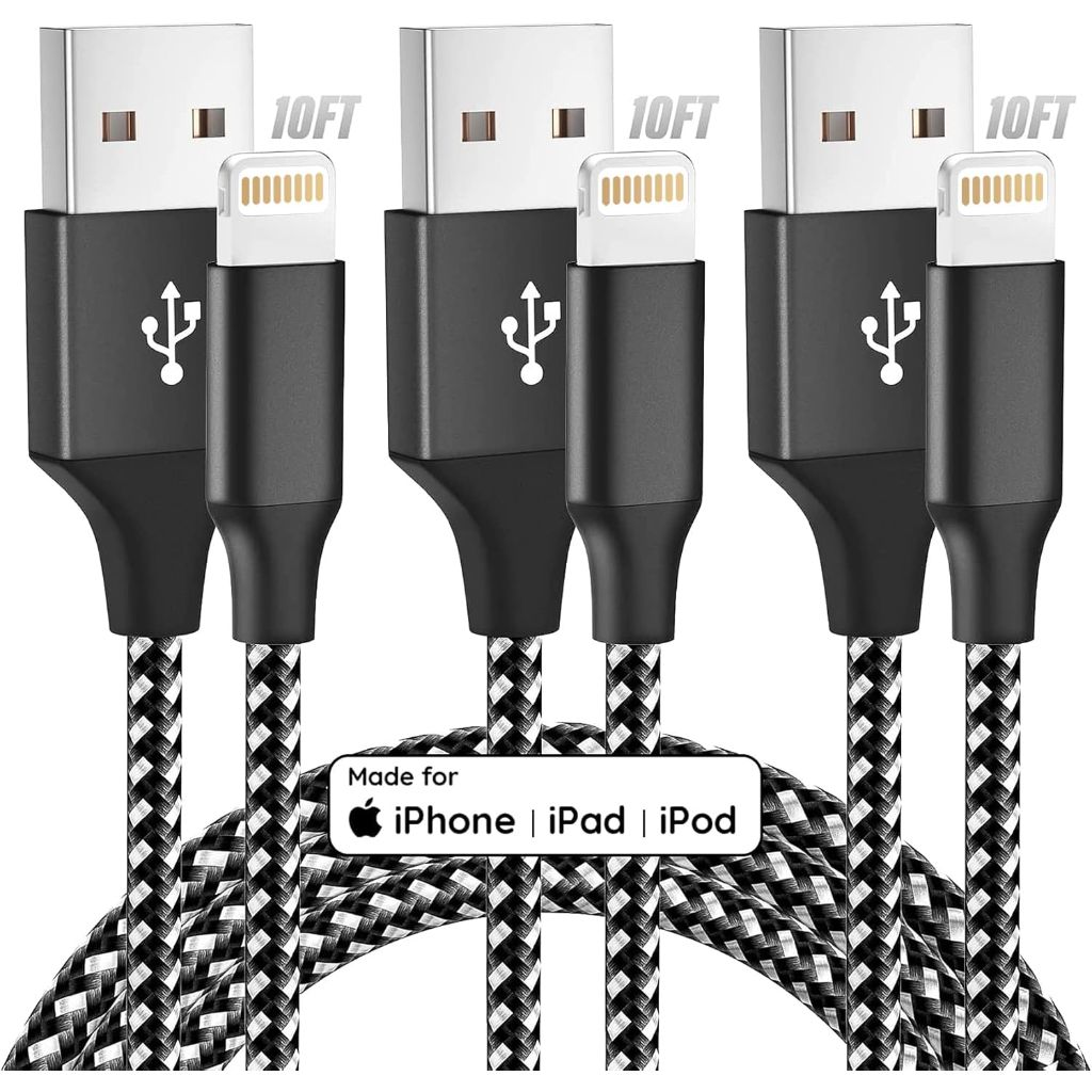 High-Speed Data Sync USB Charging Cables for iPhone - 10ft, Black (3 Pack)