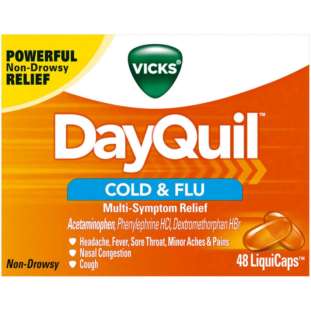 Vicks DayQuil LiquiCaps, Cough, Cold & Flu Relief, Sore Throat, Fever, & Congestion Relief, Non- Drowsy, 48 LiquiCaps (B005ZQP478)