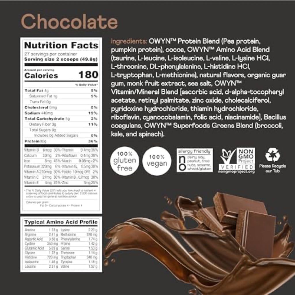 OWYN Only What You Need Pro Elite Plant-Based High Protein Powder, Chocolate, 2.9 lbs (27 Servings)
