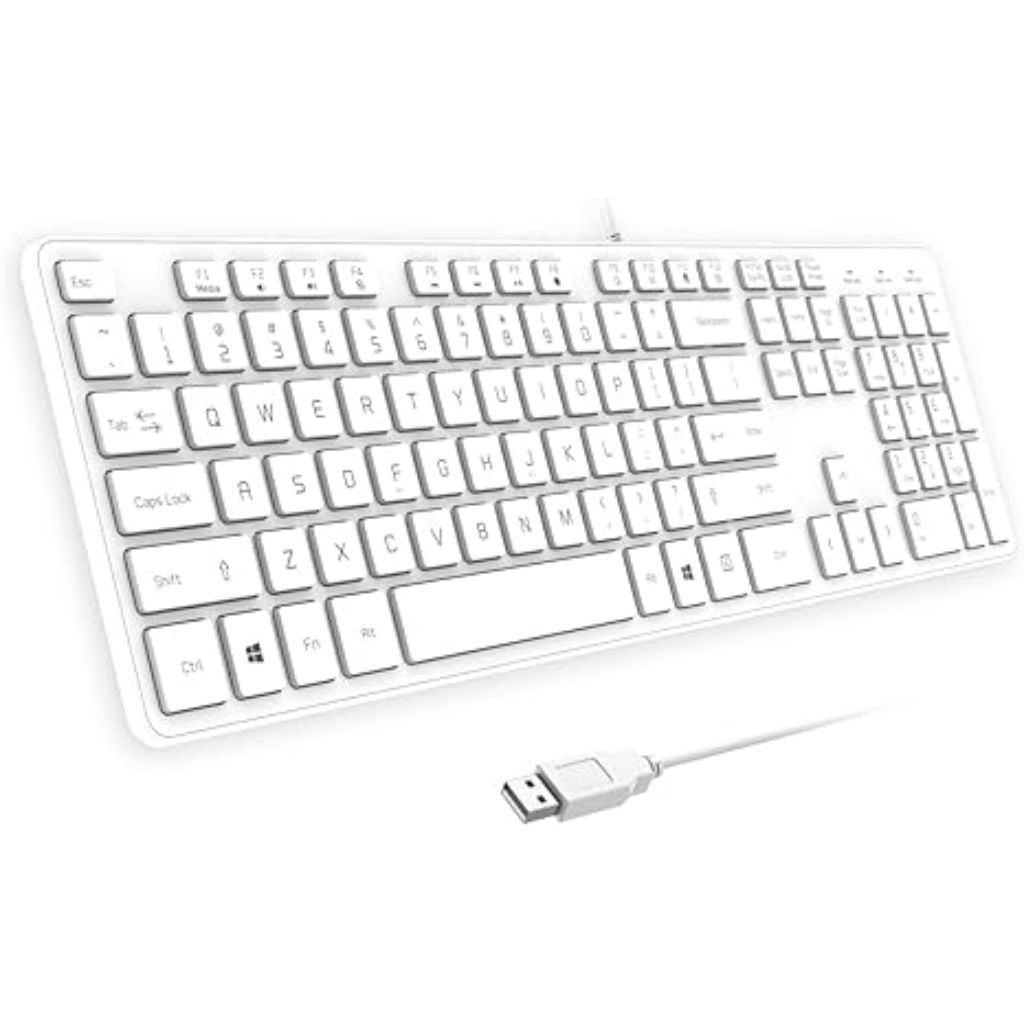 Wired USB Keyboard, Comfortable Quiet Chocolate Keys, Durable Ultra-Slim Computer Keyboard Wired(QWERTY) for PC, Windows 11/10/8/7/XP/Vista KB1430 (White, Wired Keyboard for Windows)