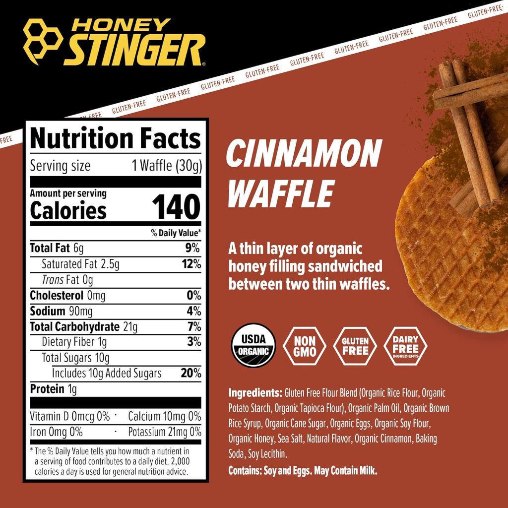 Honey Stinger Organic Gluten-Free Energy Waffles, Cinnamon, 1.06oz - 16ct