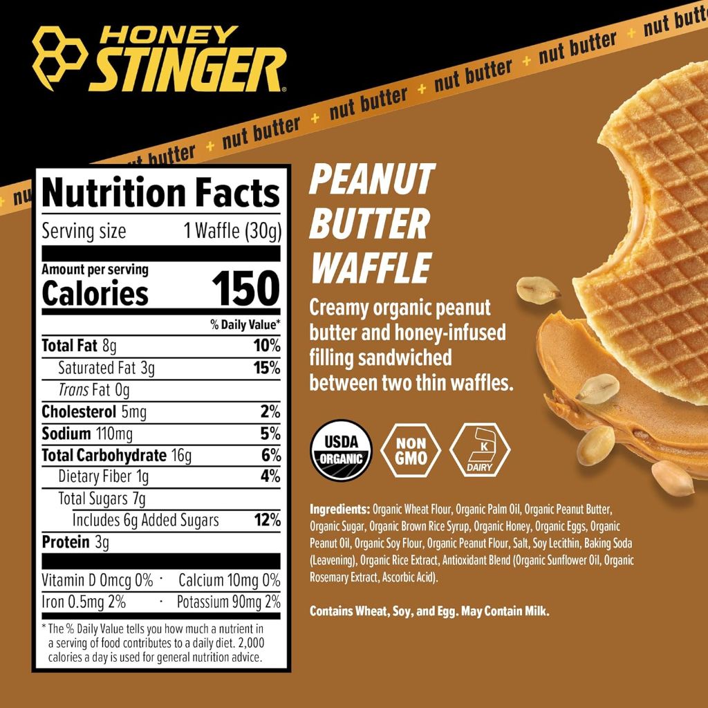 Honey Stinger Organic Energy Waffle, Peanut Butter - 16ct