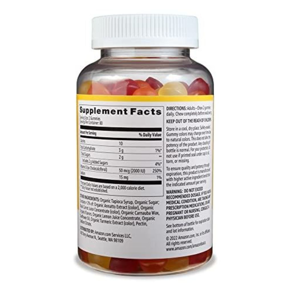 Amazon Basics Vitamin D3 Gummies, 50 mcg - Orange, Lemon & Strawberry, 160ct